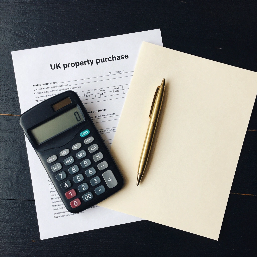Flat lay of UK property purchase cost paperwork with a calculator and brass pen on dark wood