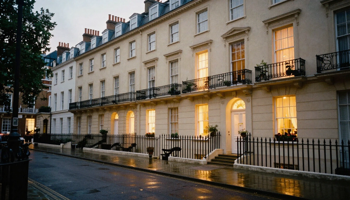 Georgian stucco townhouses around a Mayfair garden square in London at dusk