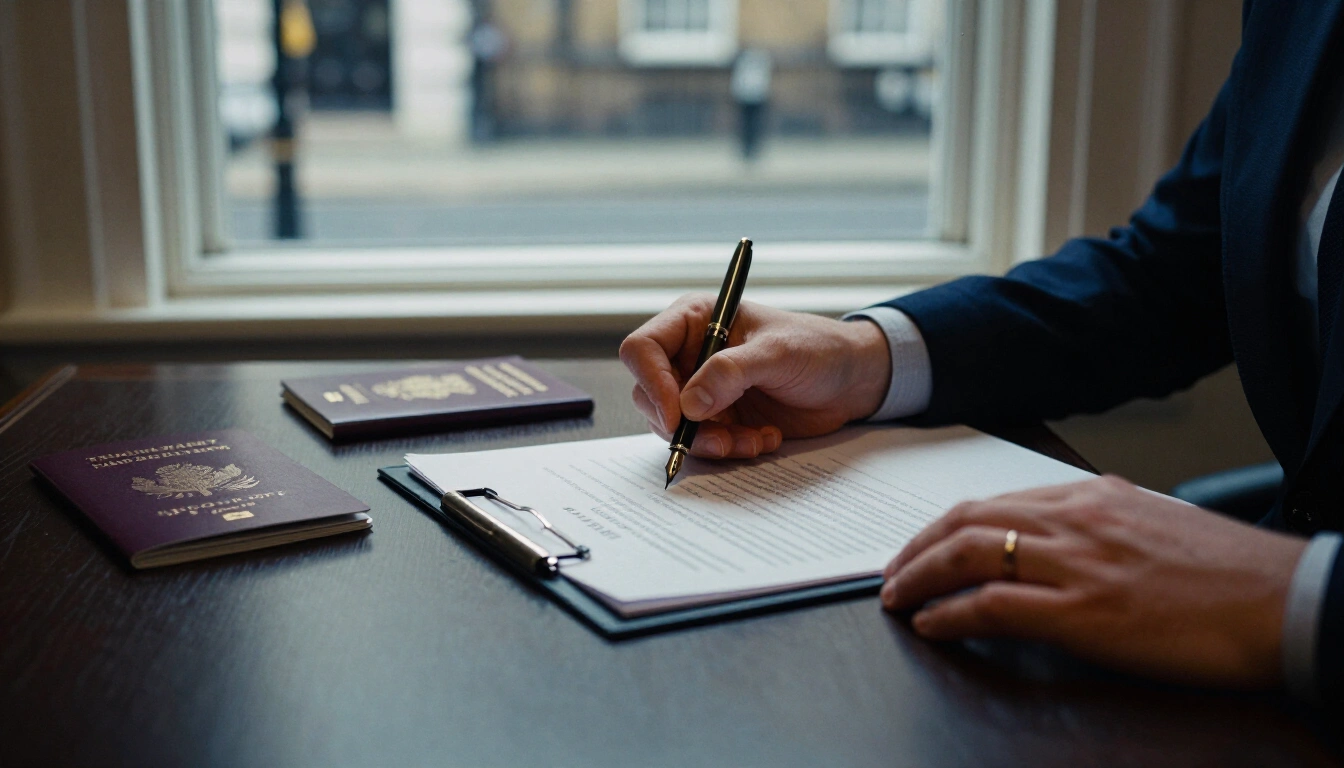 Hands signing a UK property contract at a solicitor desk with a passport and document folder