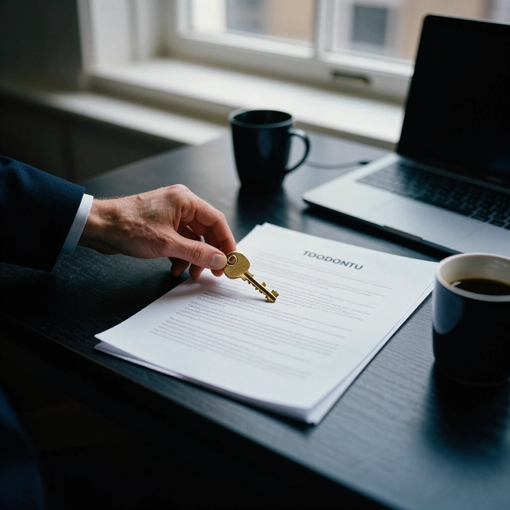 Letting agent desk with brass door keys, tenancy paperwork and a laptop