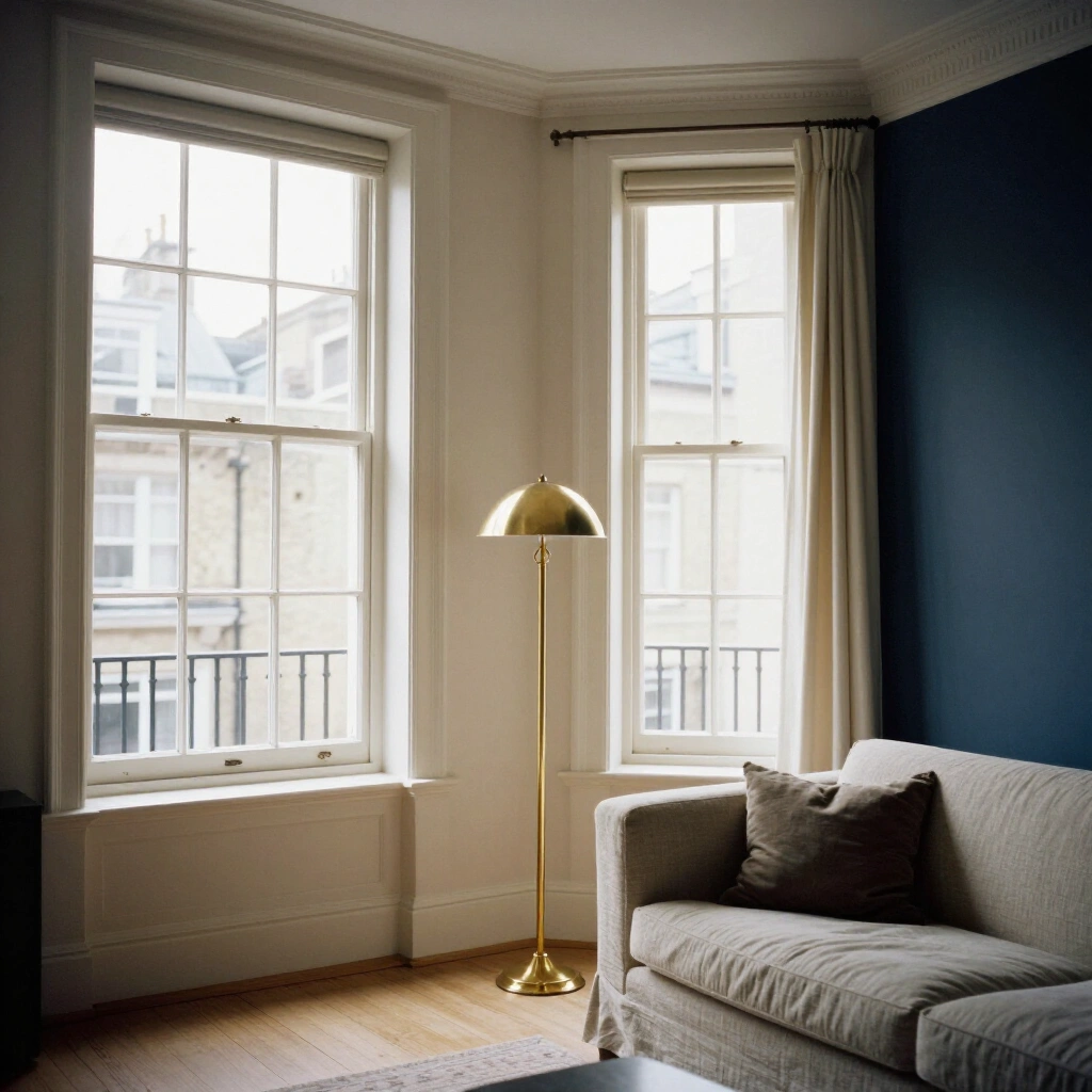 Living room of a prime central London apartment with tall sash windows and oak floors