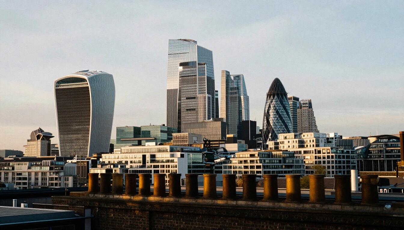 London skyline at golden hour with City of London and Canary Wharf towers above rooftops