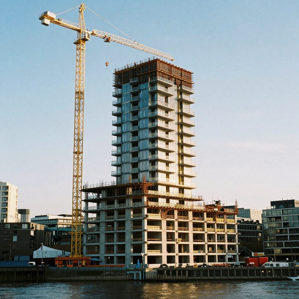 New build riverside apartment tower under construction beside the River Thames in London